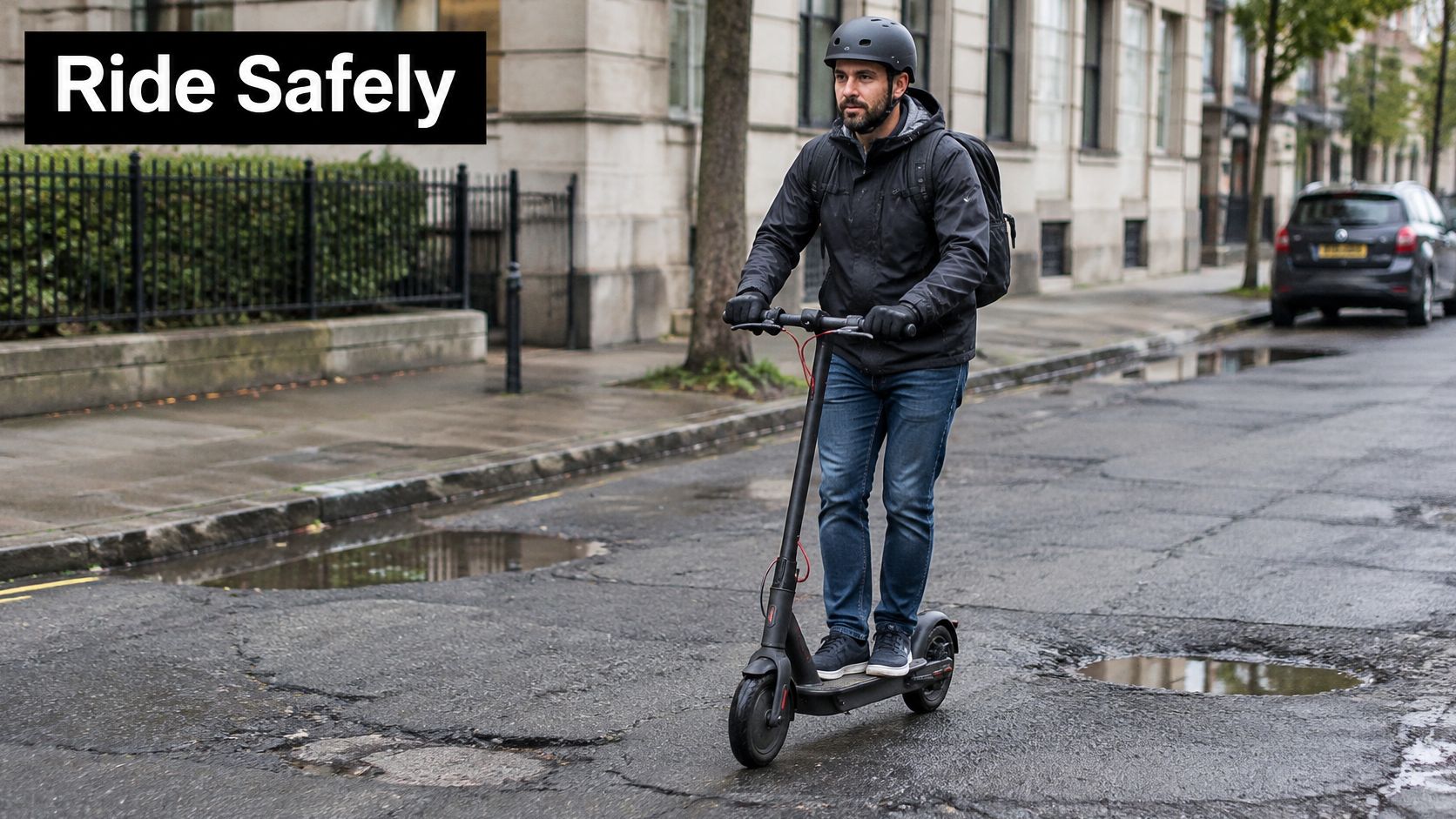 A man wearing a helmet riding a black electric scooter on a wet city street
