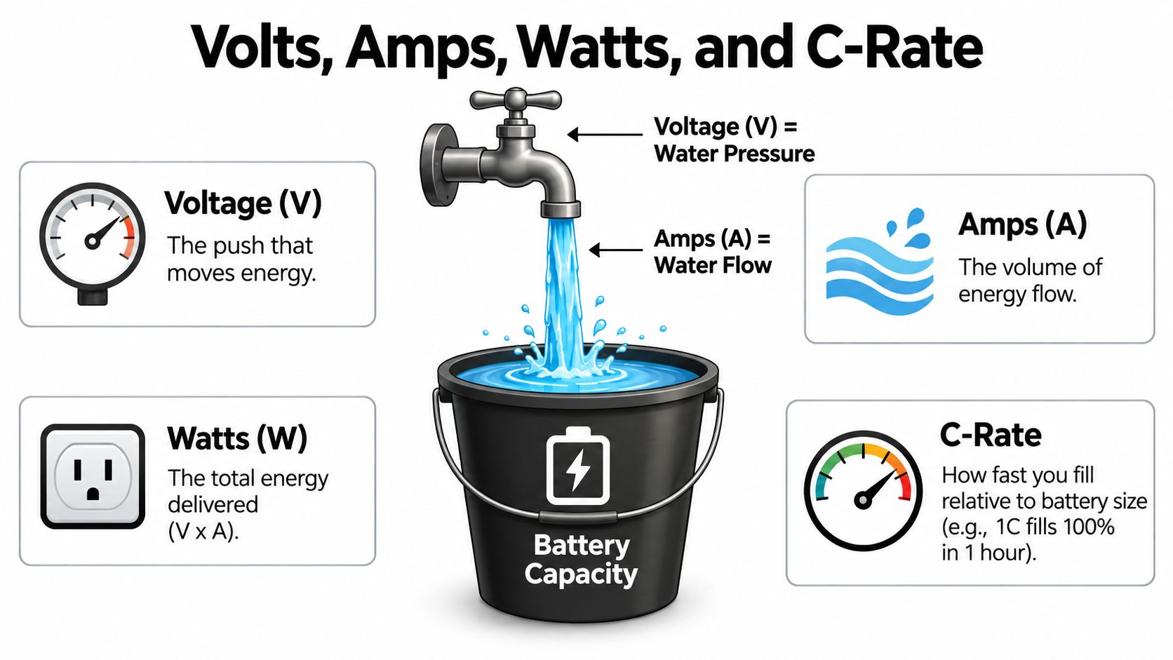An infographic explaining battery electricity concepts using a water bucket metaphor for volts, amps, watts, and C-rate.
