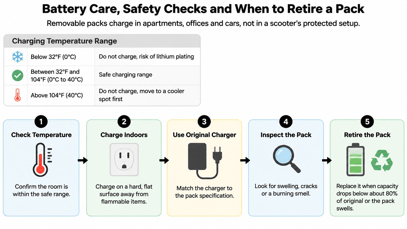 A safety guide for electric scooter batteries detailing temperature ranges, charging tips, inspection, and disposal protocols.