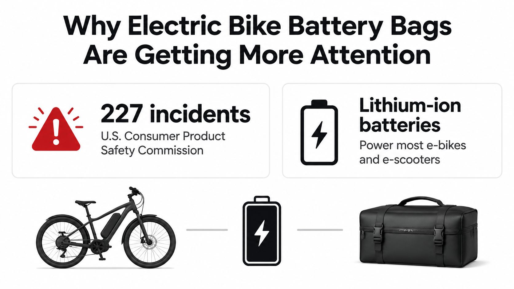 An infographic showing the importance of electric bike battery bags due to lithium-ion battery fire hazards.