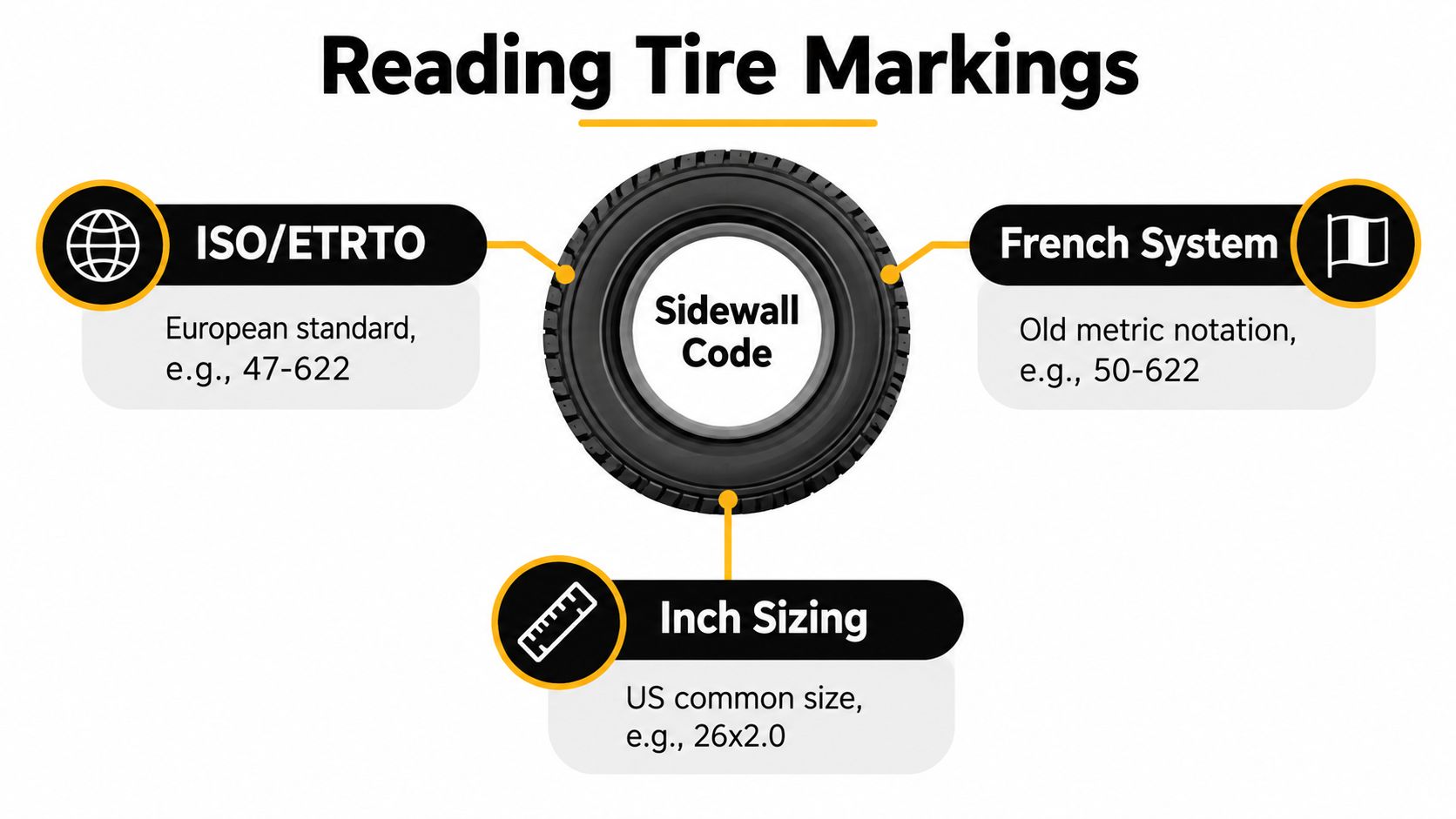 An infographic titled Reading Tire Markings, showing ISO/ETRTO, French System, and Inch Sizing for bicycle tires.