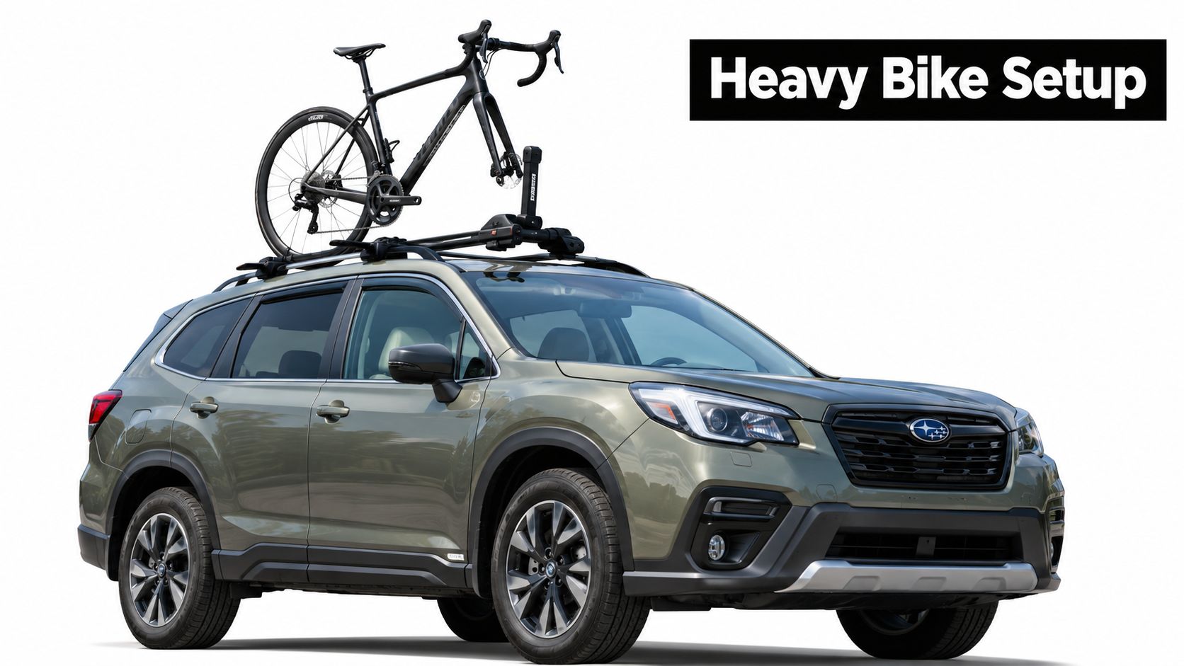 En grøn Subaru Forester SUV med en sort cykel monteret på en cykelholder på taget.