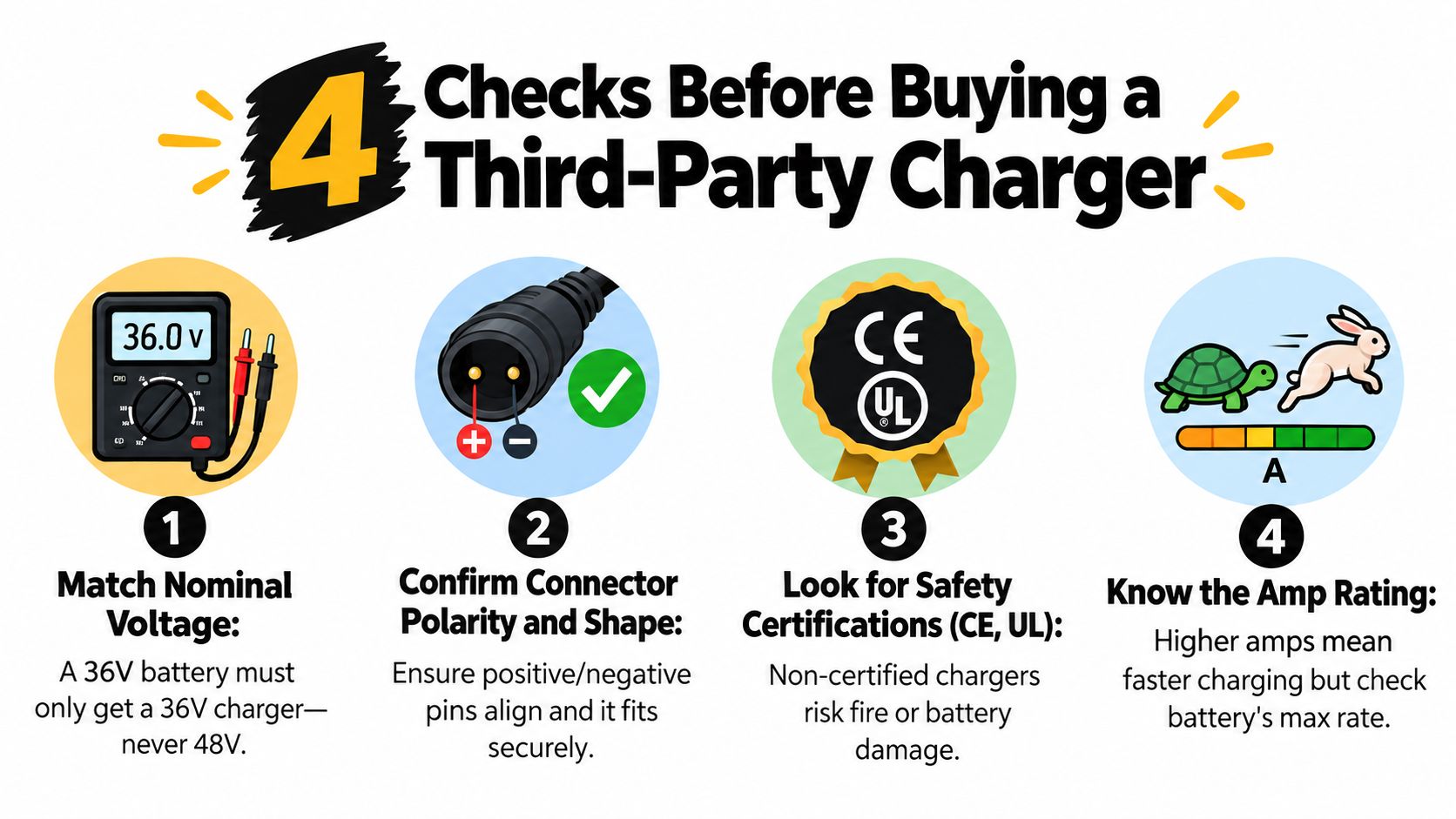 An infographic showing four essential safety checks before purchasing a third-party charger for electric bikes.