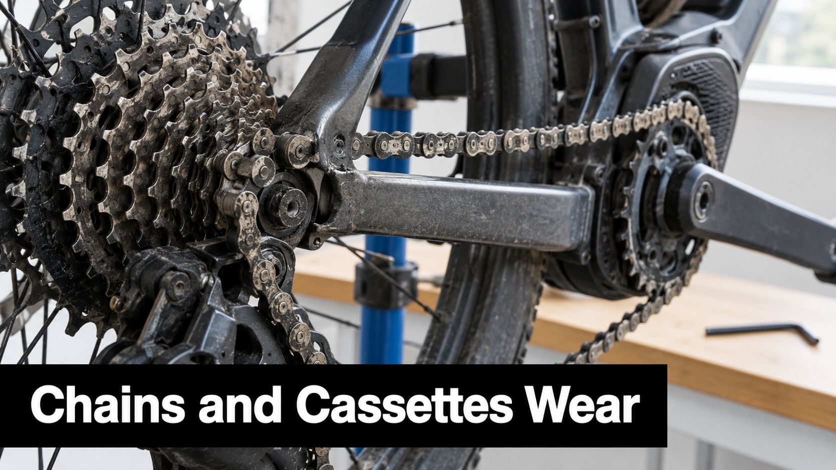 Close up of a dirty electric bicycle drivetrain showing a chain, cassette, and mid-drive motor system.