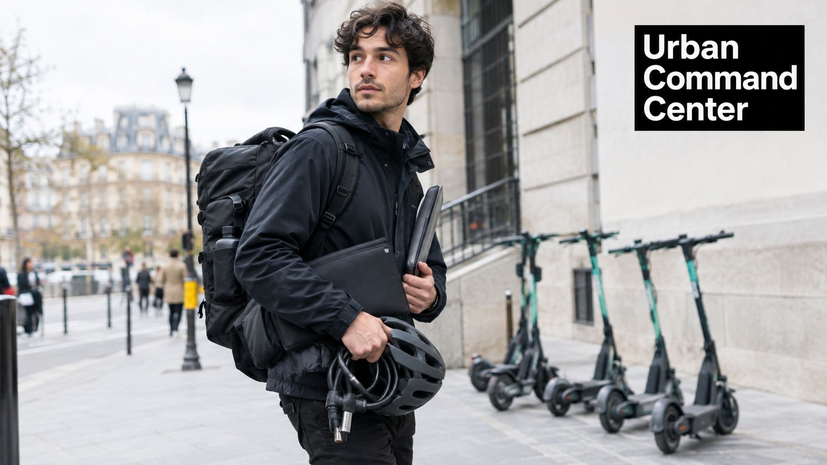 En ung mand med krøllet hår, der bærer en rygsæk og holder en hjelm på en bygade.