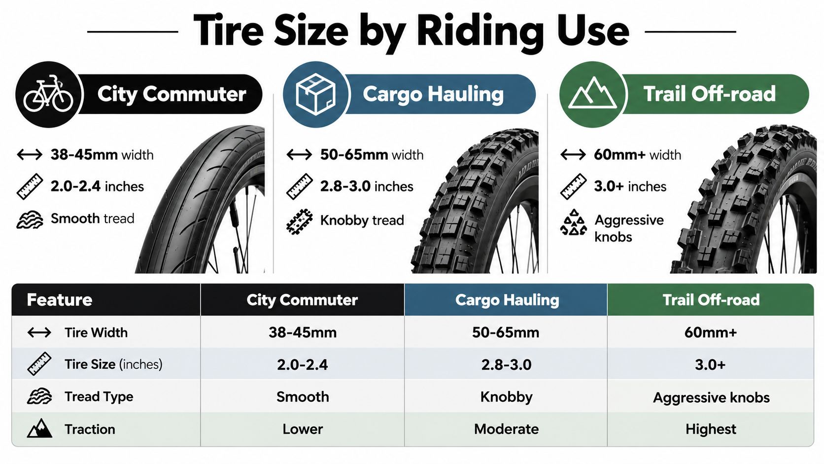 A chart comparing bicycle tire sizes, widths, tread types, and traction levels for city, cargo, and trail riding.