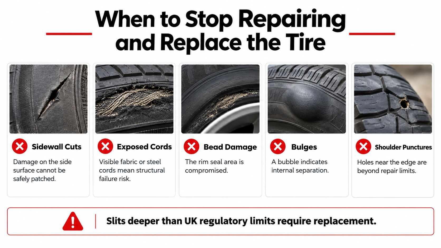 A visual guide showing five types of tire damage that require immediate replacement instead of repair.