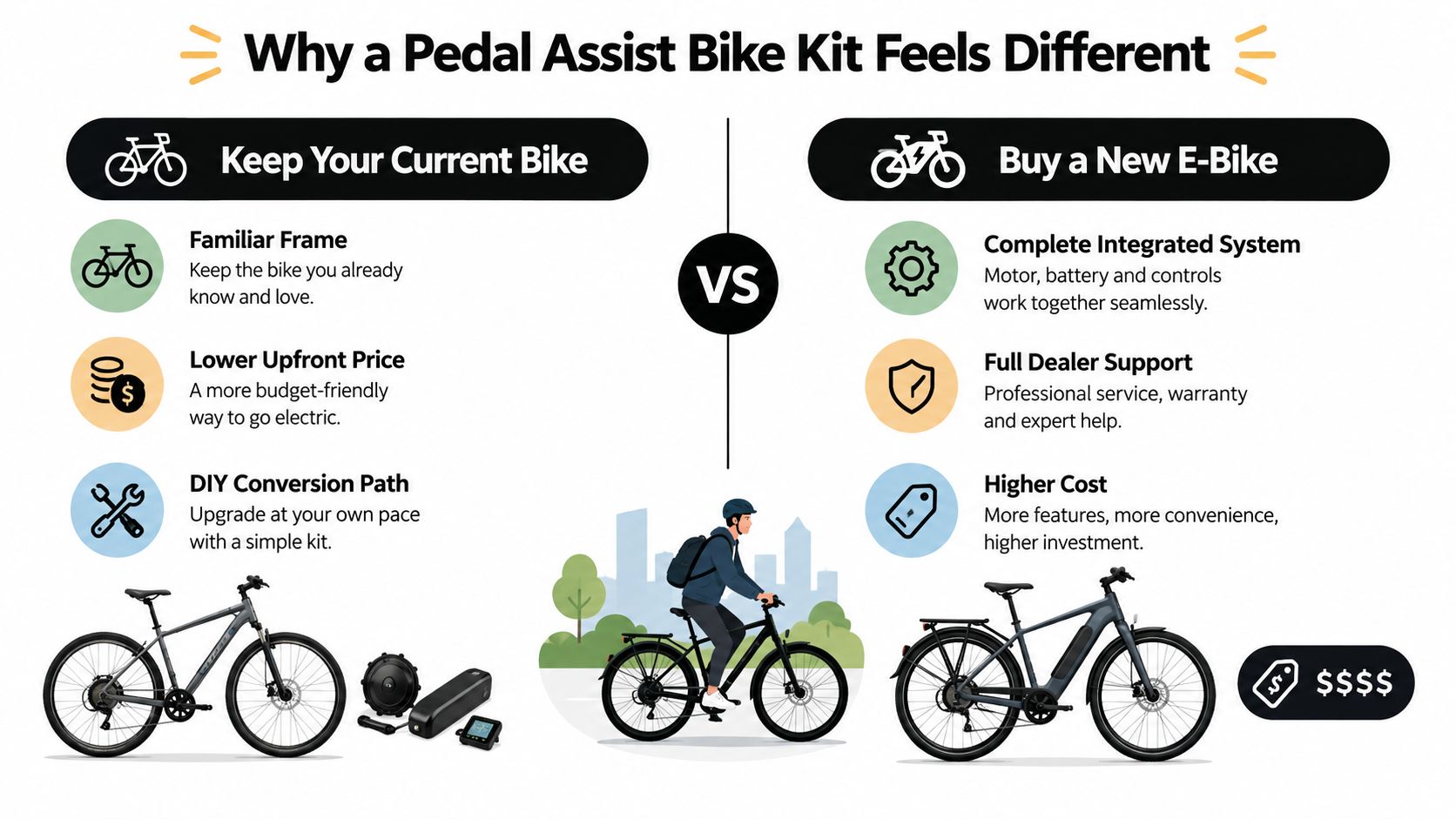 A comparison infographic showing the pros and cons of converting a current bike versus buying a new e-bike.