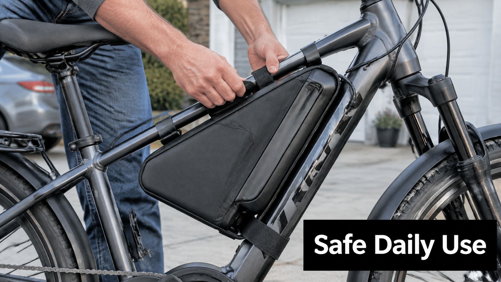 A person installing a black rectangular electric bike battery bag onto the frame of a gray bicycle.