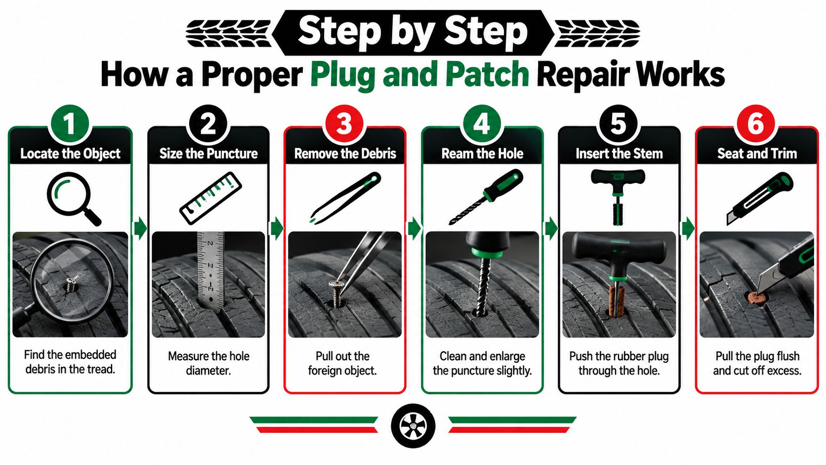 A six-step infographic demonstrating the proper procedure for repairing a flat tire using a plug and patch kit.
