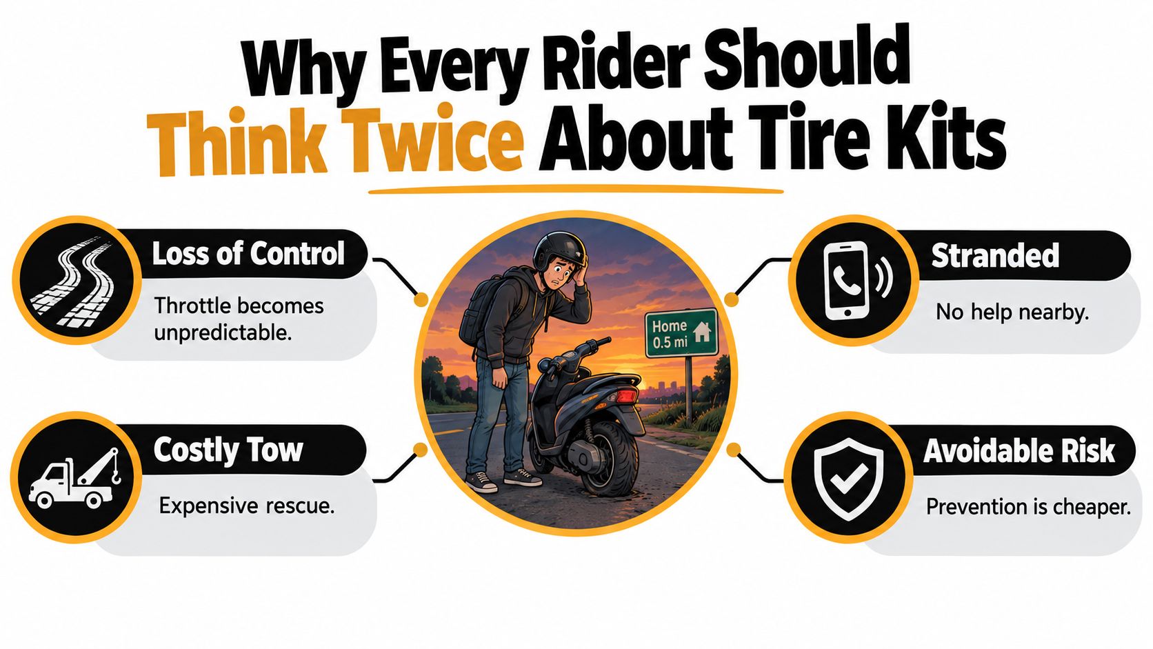 An infographic showing the risks of relying on DIY scooter tire kits, featuring a stranded rider.