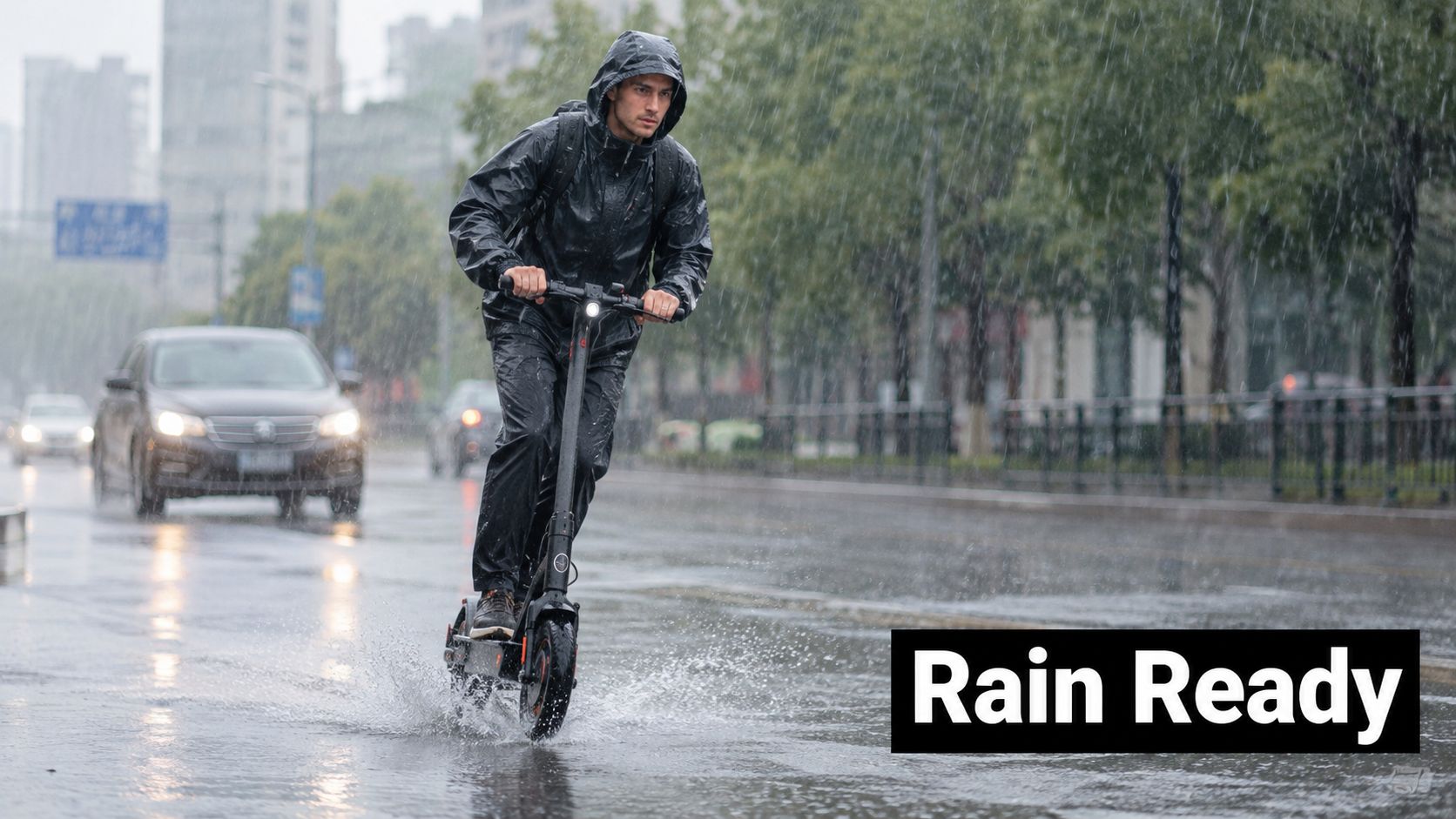 A man wearing a black raincoat rides an electric scooter through a rainy city street.