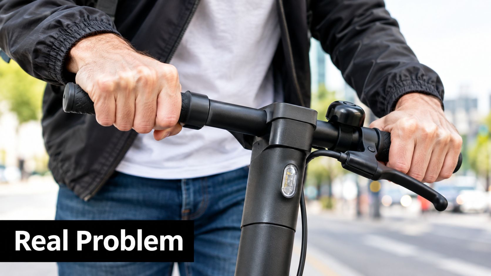 A close-up view of a person holding the handlebars of an electric scooter on a city street.