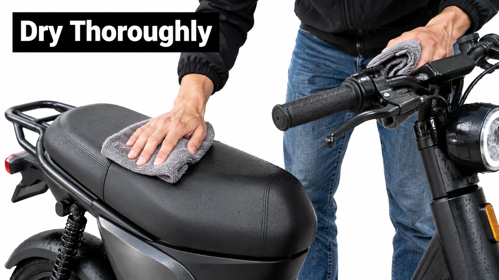 A person using a grey microfiber cloth to dry the black seat of a waterproof scooter.