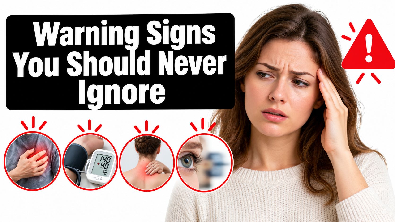 A woman holding her head with warning signs below indicating heart issues, blood pressure, neck pain, and vision.