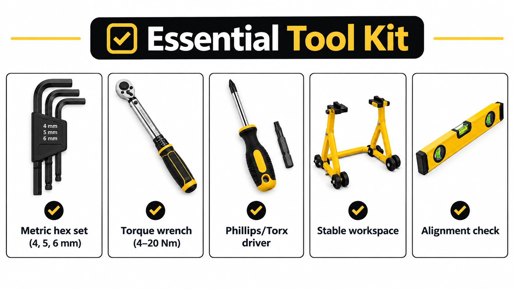 An essential tool kit for electric scooter handlebar replacement including hex keys, torque wrench, driver, stand, and level.