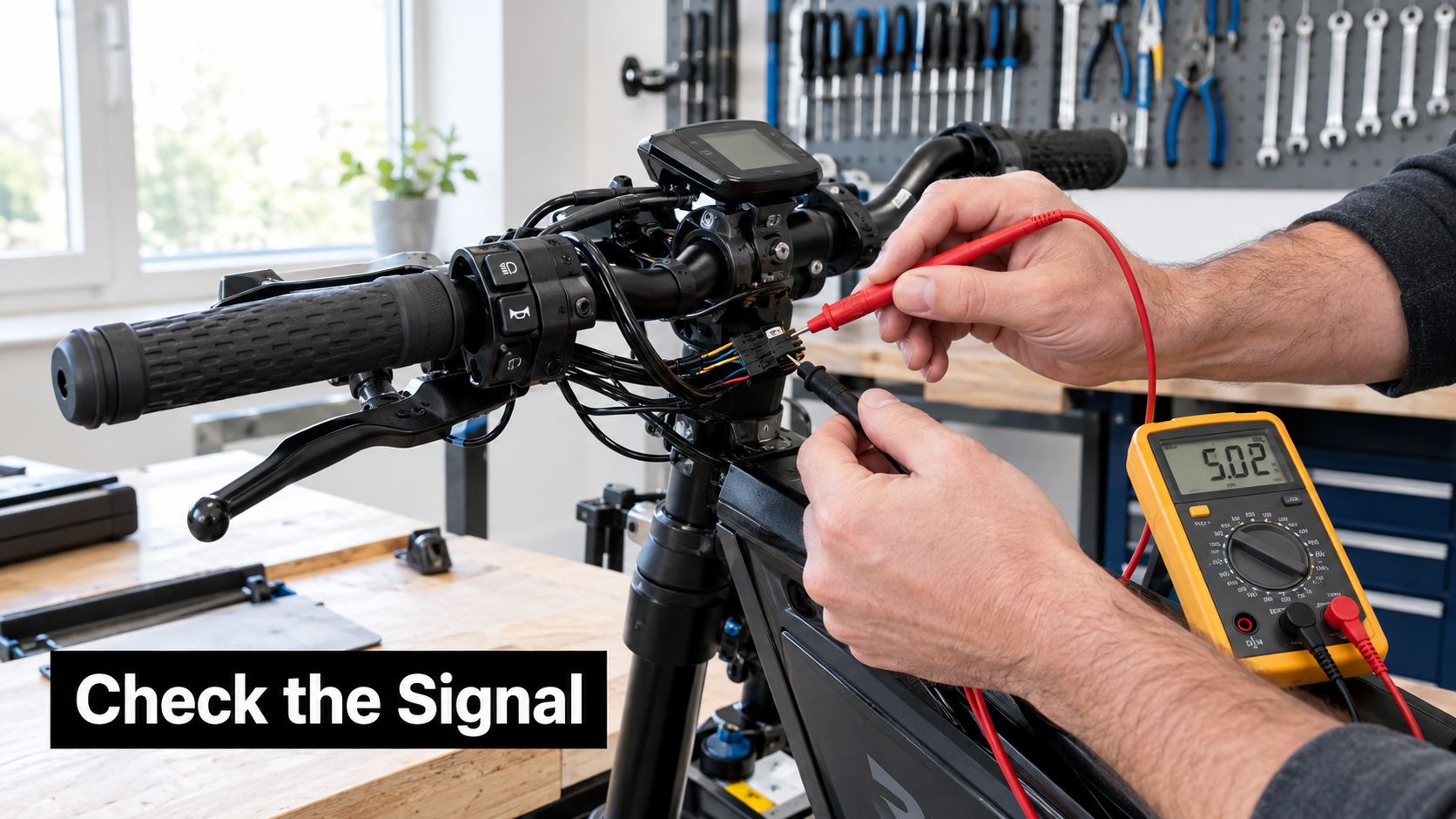A technician testing the wiring of an electric bike using a digital multimeter to diagnose electrical issues.