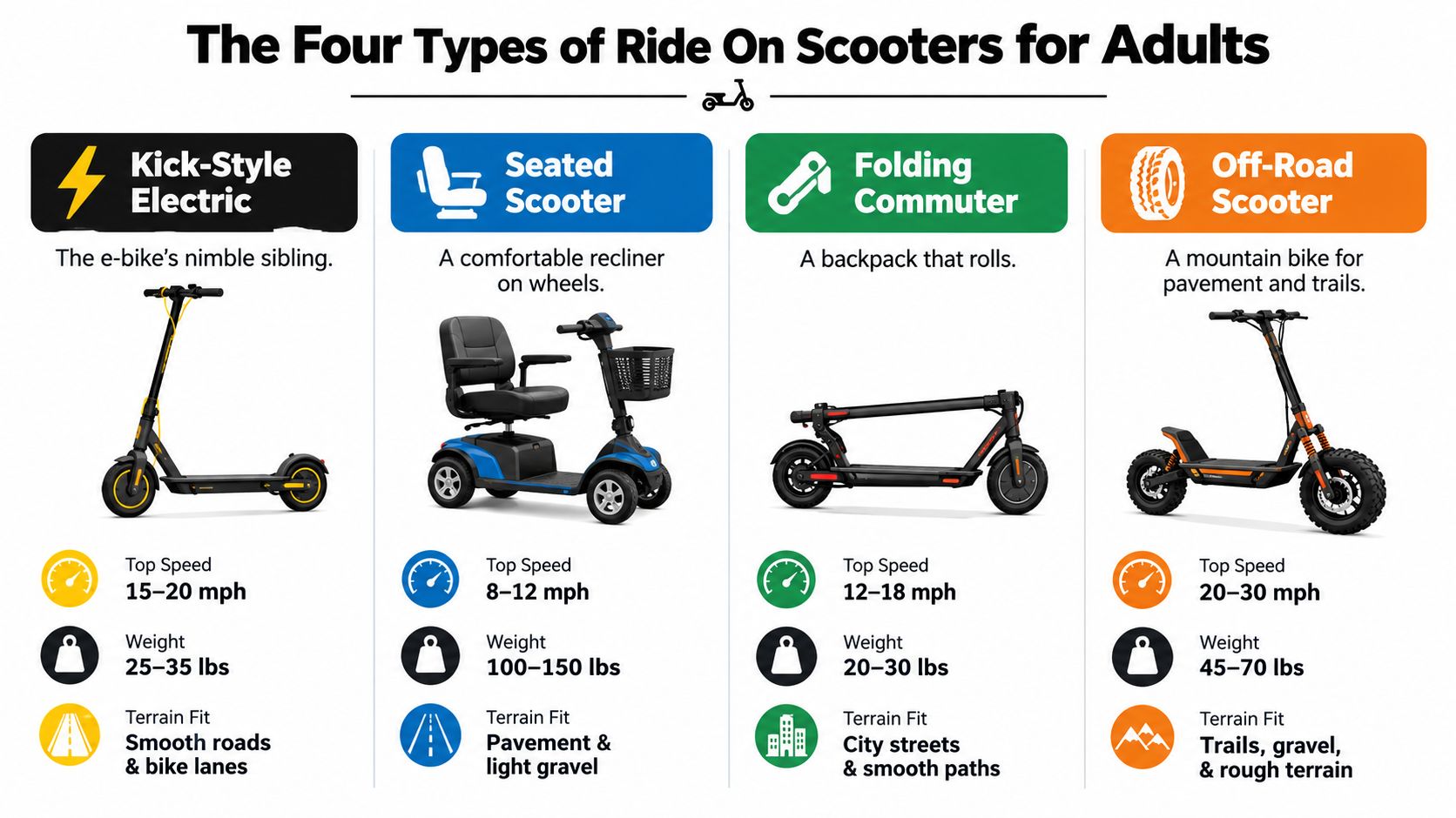An infographic illustrating four types of ride-on scooters for adults including specifications for speed, weight, and terrain.