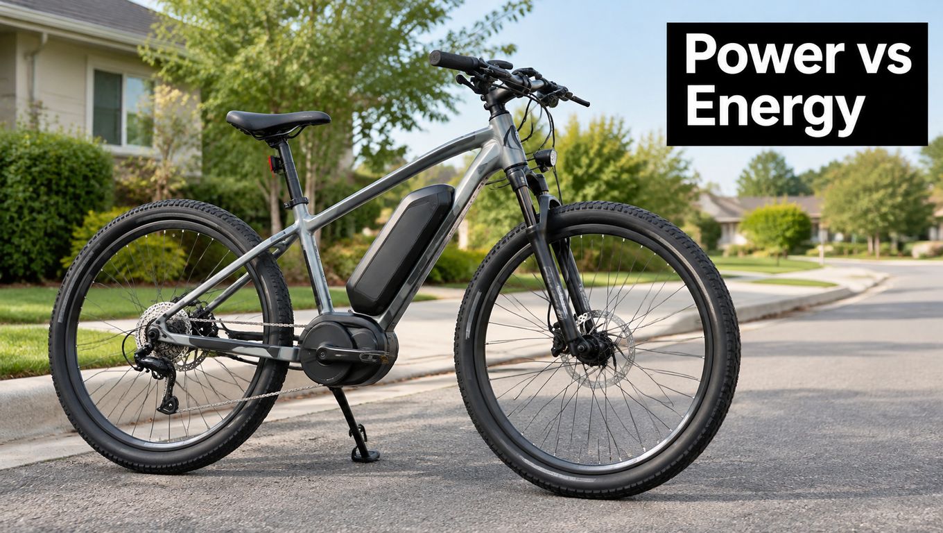 A gray electric mountain bike parked on an asphalt suburban street during a sunny day.