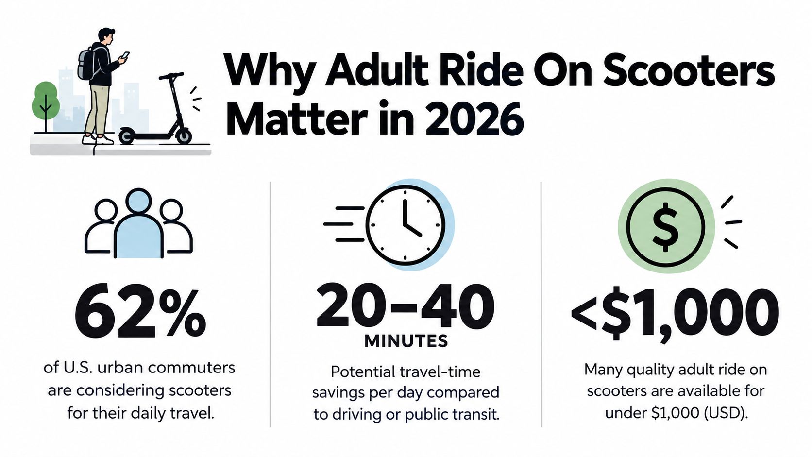 An infographic highlighting the benefits of adult ride on scooters for urban commuting in 2026.