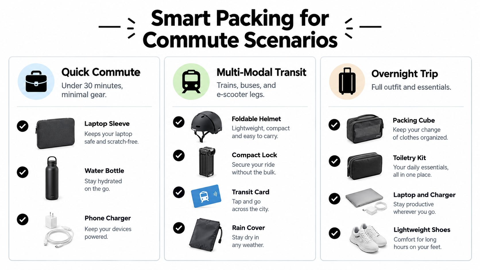 En infografik, der viser anbefalede ting at pakke til hurtig pendling, transport med flere transportmidler og overnatningsture.