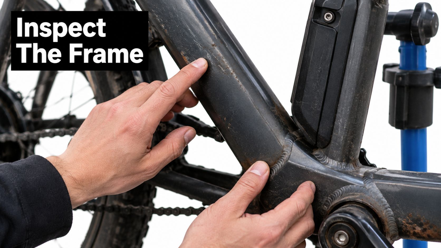 Ein Mechaniker untersucht mit den Händen einen Kratzer am Rahmen eines elektrischen Mountainbikes.