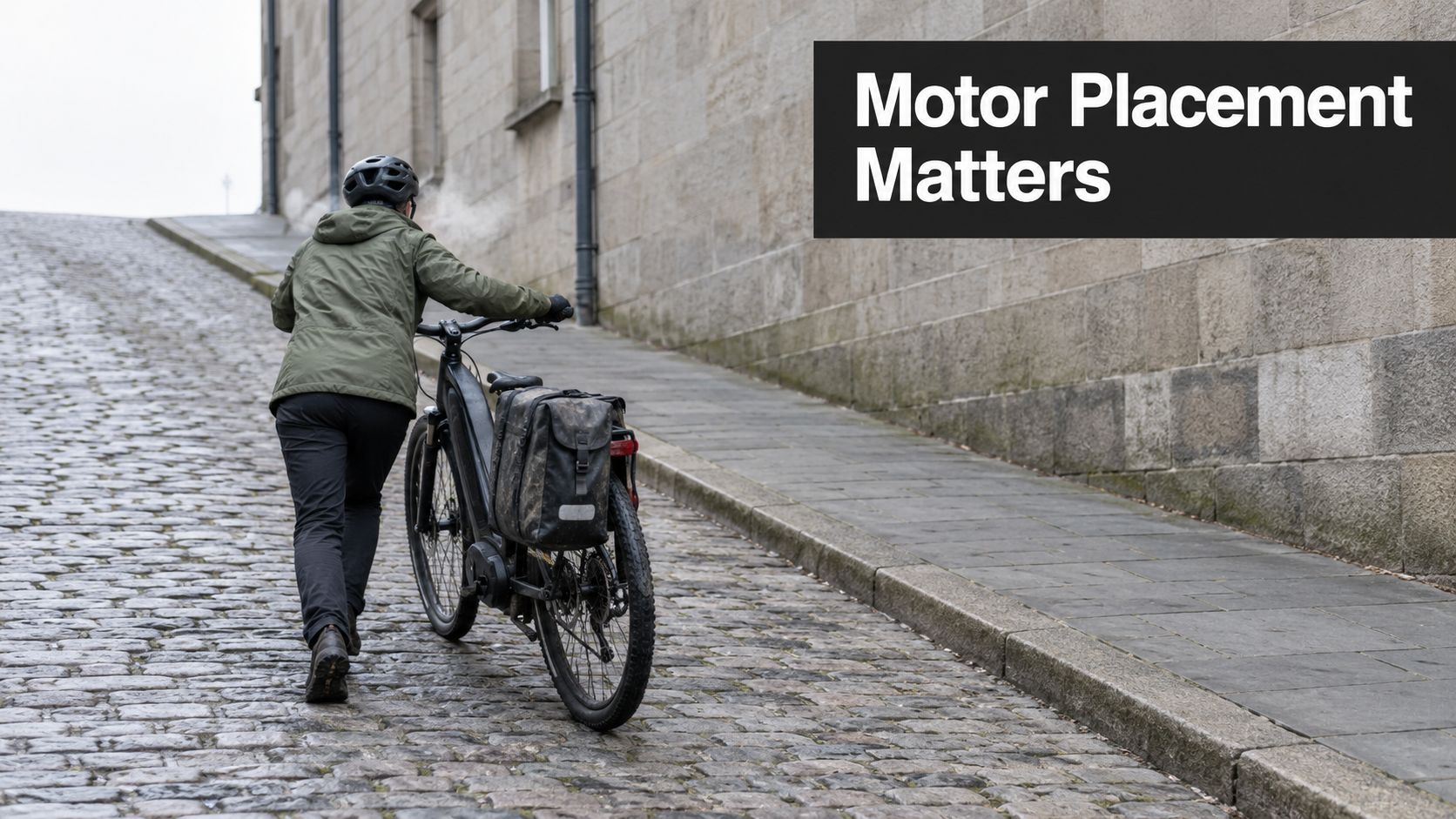 A person in a jacket and helmet walking a mid-drive ebike up a steep cobblestone street.
