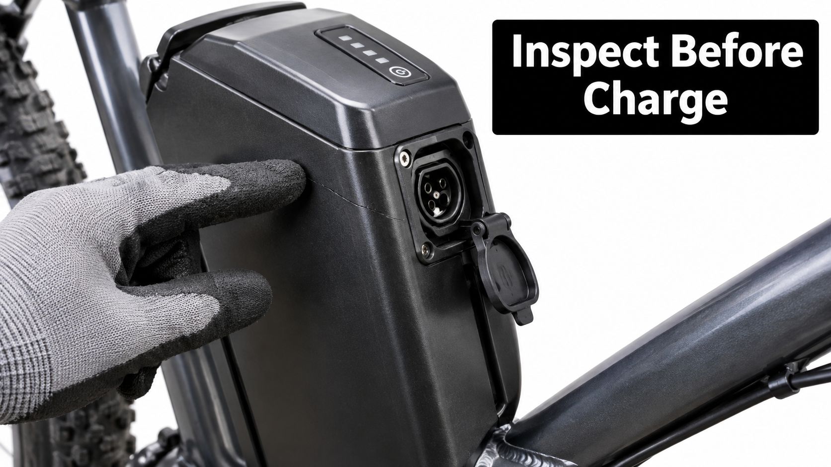 A gloved hand inspects a crack on an electric bicycle battery casing before charging it.