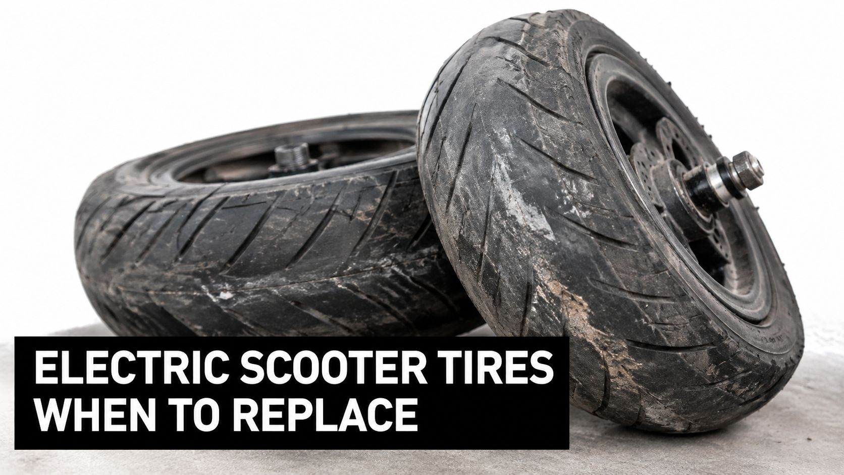 Two worn out electric scooter tires leaning against each other on a plain surface.