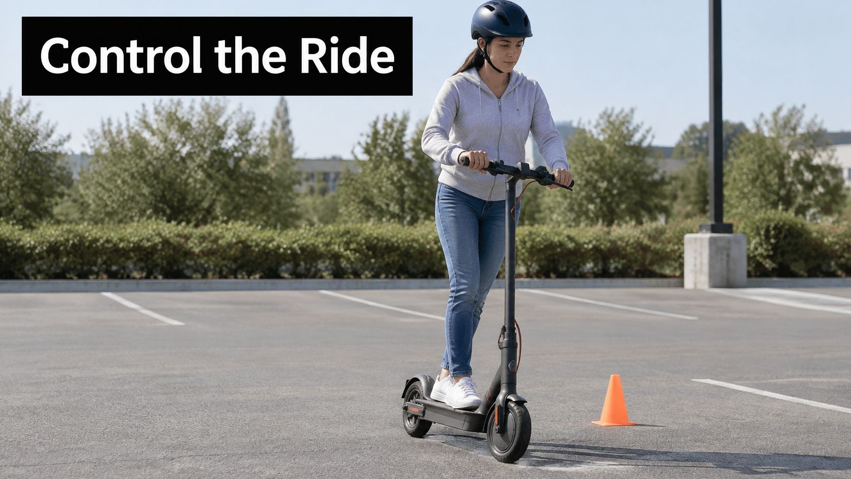 En kvinde kører på et sort elektrisk løbehjul på en parkeringsplads med styrthjelm på.