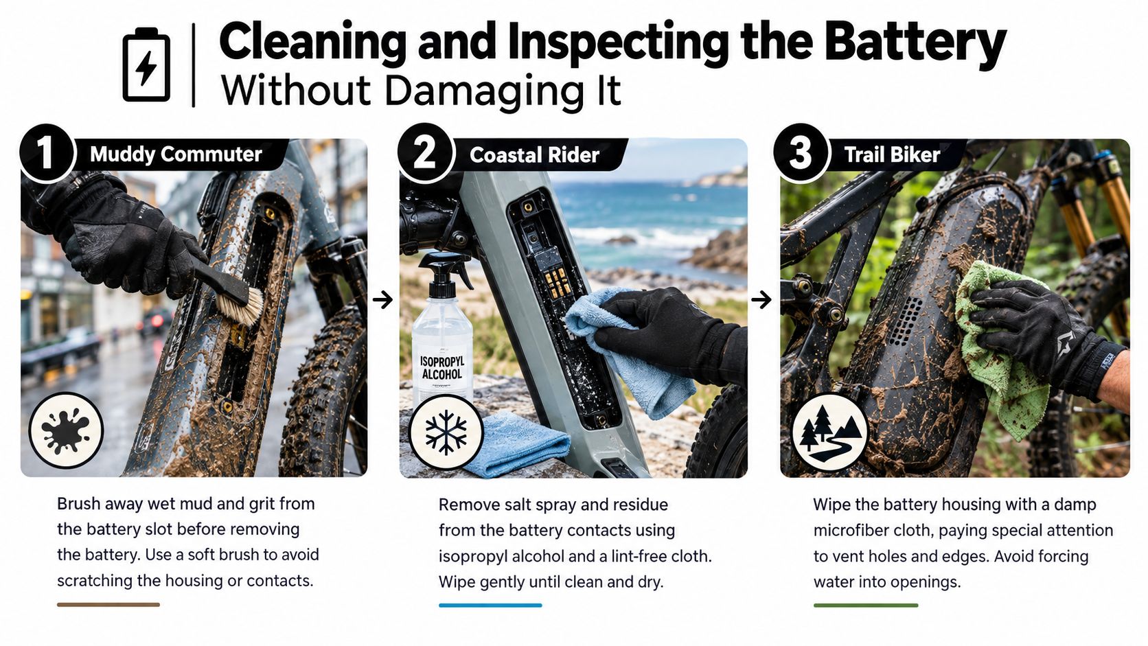 An infographic showing three steps to clean an electric bike battery without causing any damage or issues.