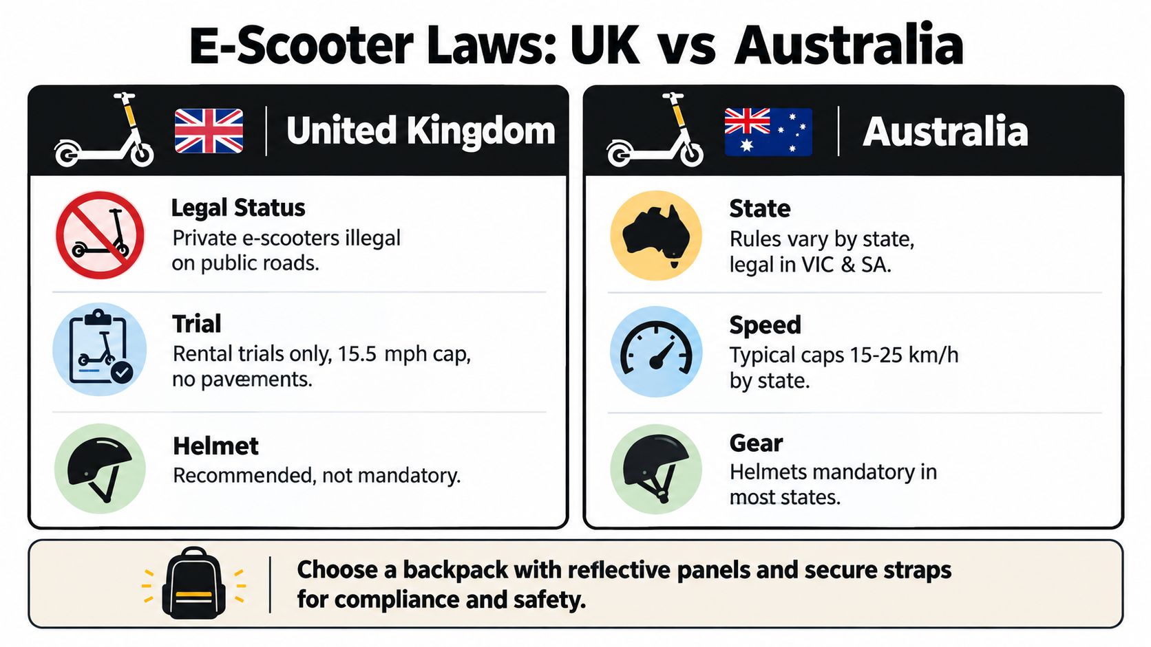 En sammenlignende infografik, der viser de juridiske regler og sikkerhedskrav for el-løbehjul i Storbritannien sammenlignet med Australien.