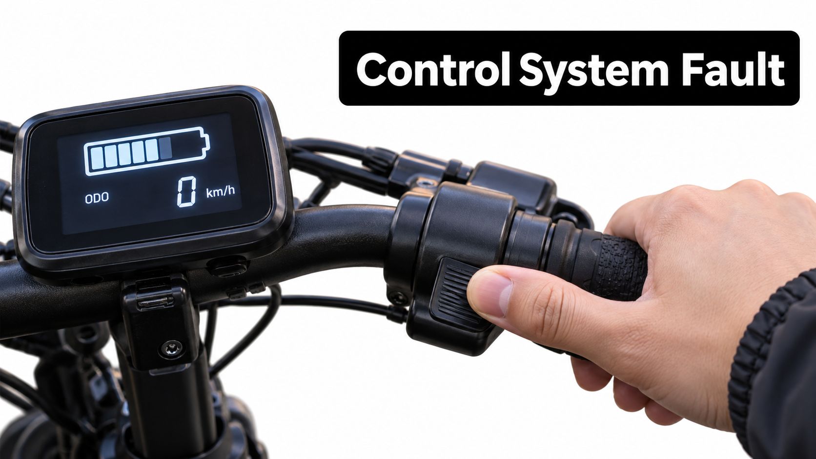 A rider's hand pressing the throttle on an electric bike handle with a warning sign showing Control System Fault.