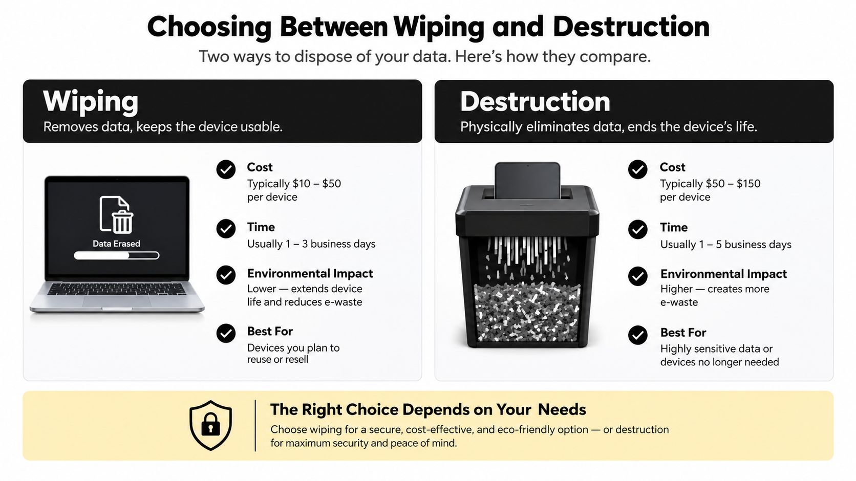 A comparison infographic between data wiping and physical data destruction, highlighting costs, time, and environmental impact.