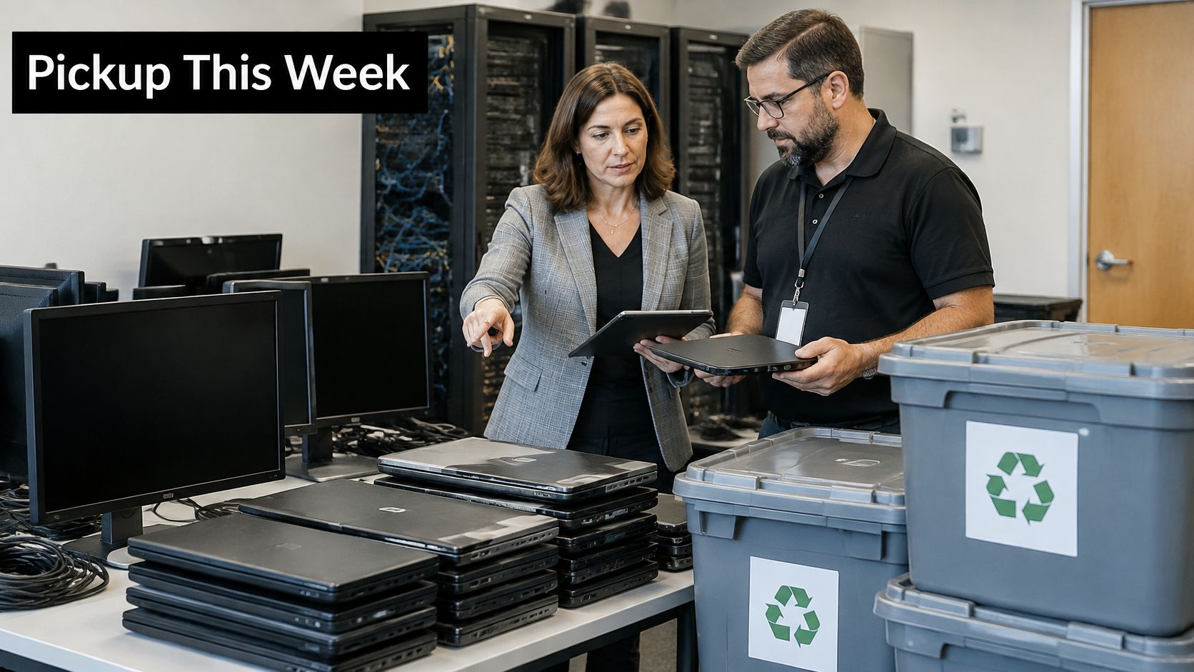 A professional woman in a blazer and a man in a black polo shirt inspect discarded laptops.