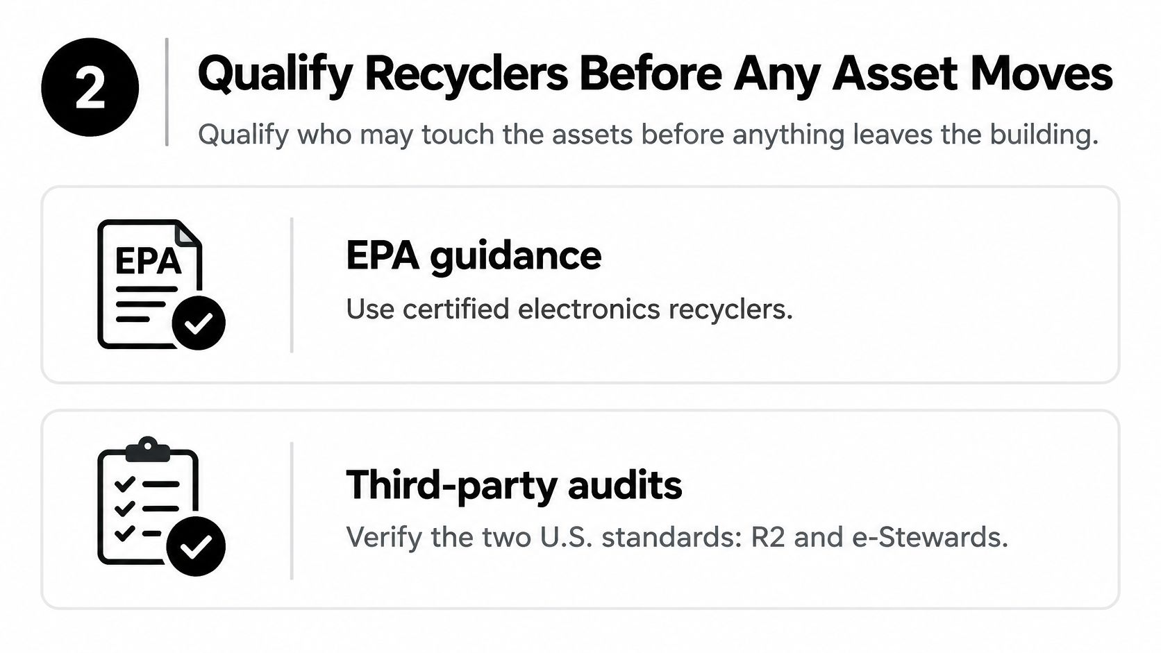 A graphic showing two tips for qualifying electronics recyclers before moving assets using EPA guidance and audits.