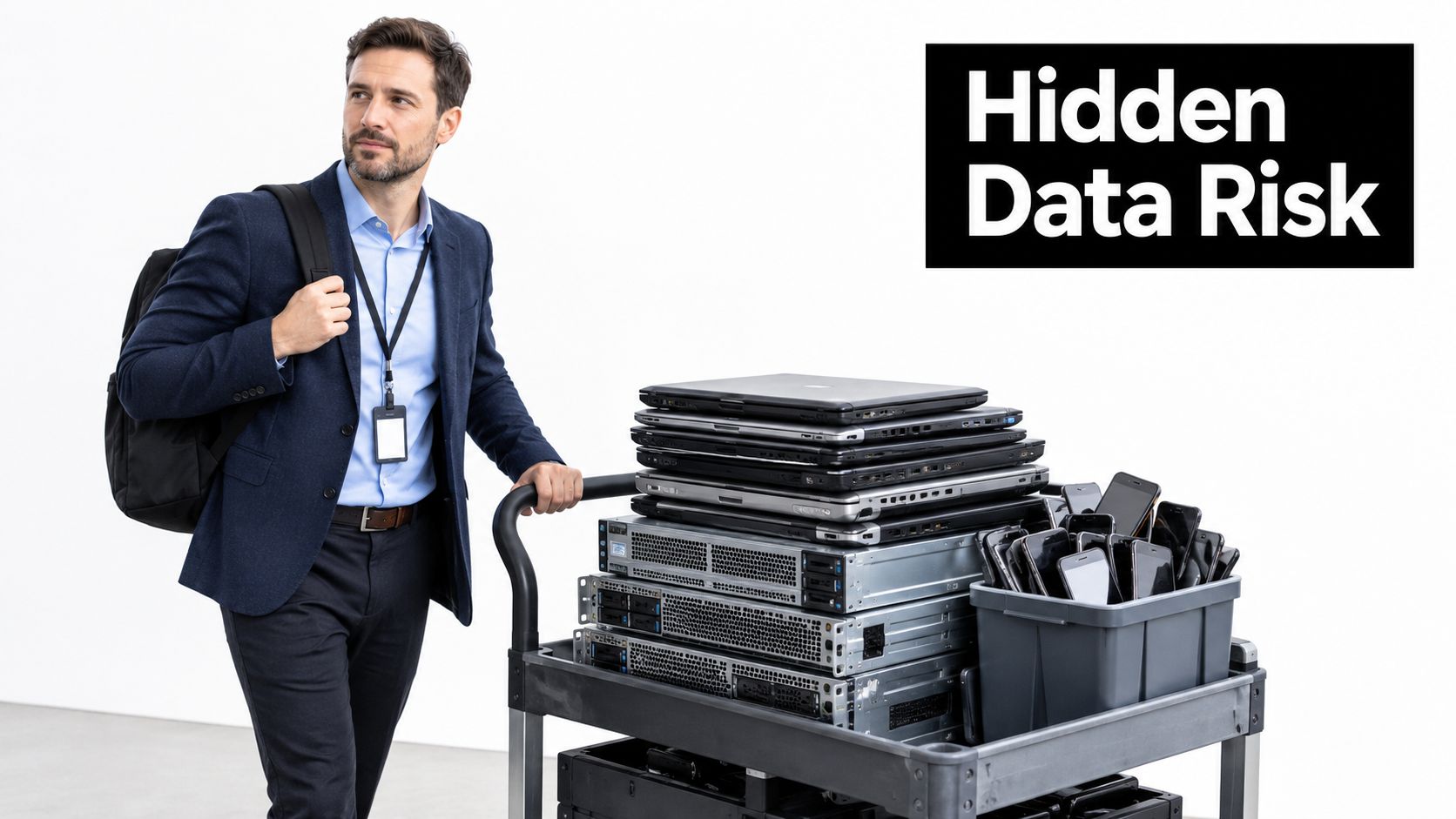 A professional man pushing a cart filled with used laptops, servers, and smartphones representing data security risks.