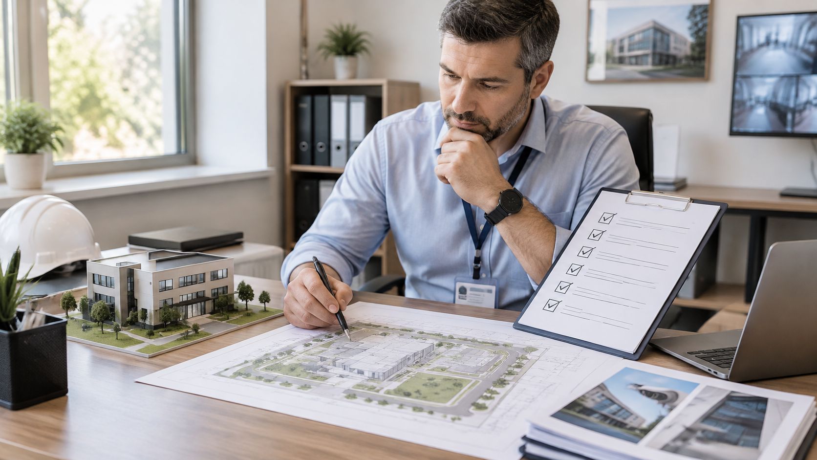 9 Physical Security Best Practices for Australian Sites 8 A professional architect reviews blueprints and a building model while planning physical security measures for a site.