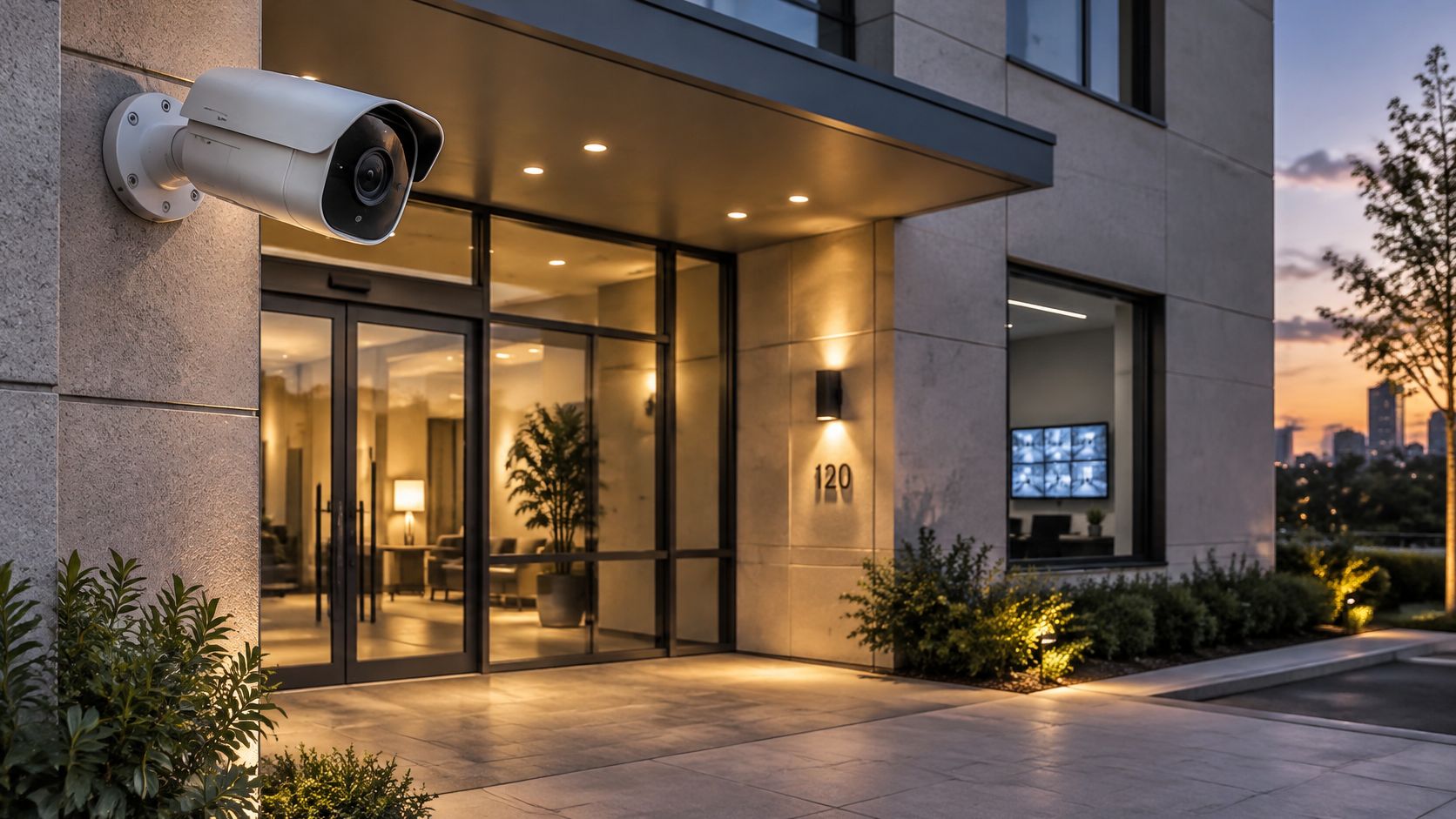 9 Physical Security Best Practices for Australian Sites 10 A modern building entrance featuring a security surveillance camera mounted on the exterior stone wall.