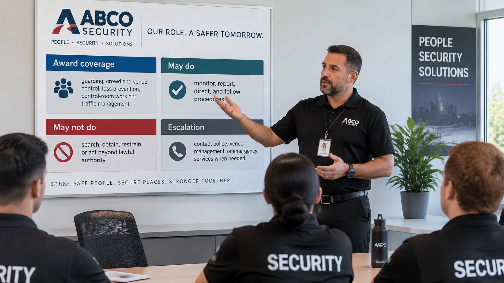 Security Officer Work Description: Duties and Licences 10 A security instructor leading a training session for security officers in an office conference room setting.