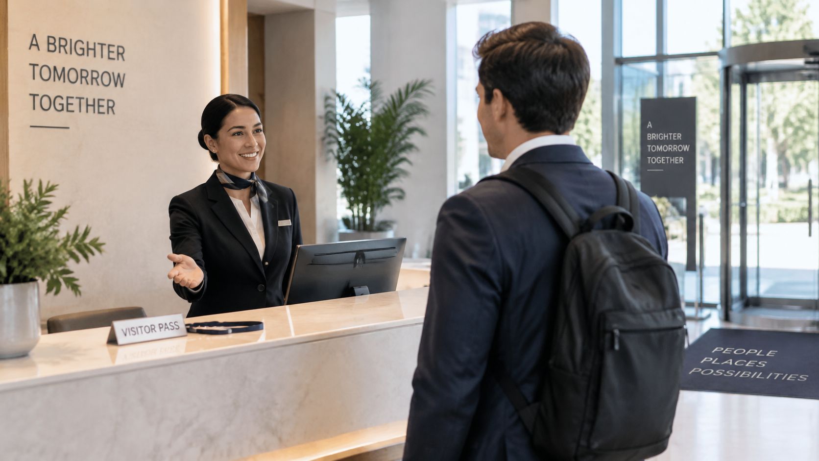 9 Physical Security Best Practices for Australian Sites 11 A professional receptionist in a business suit welcoming a visitor at a modern corporate office reception desk.