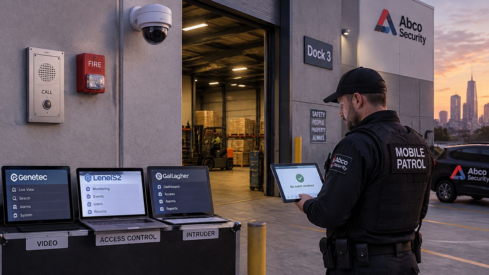 Communication Protocols for Security Systems 8 A security guard holding a tablet standing outside a warehouse facility with various security monitoring systems displayed.