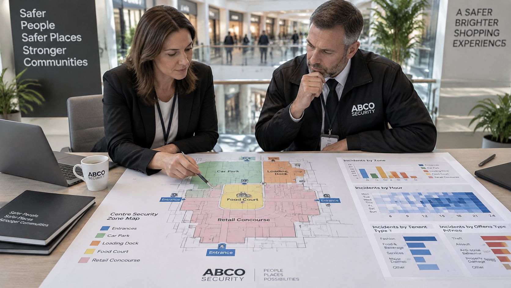 Shopping Centre Security: How to Build a Layered Program 9 A professional man and woman review a security map and incident report inside a shopping centre.