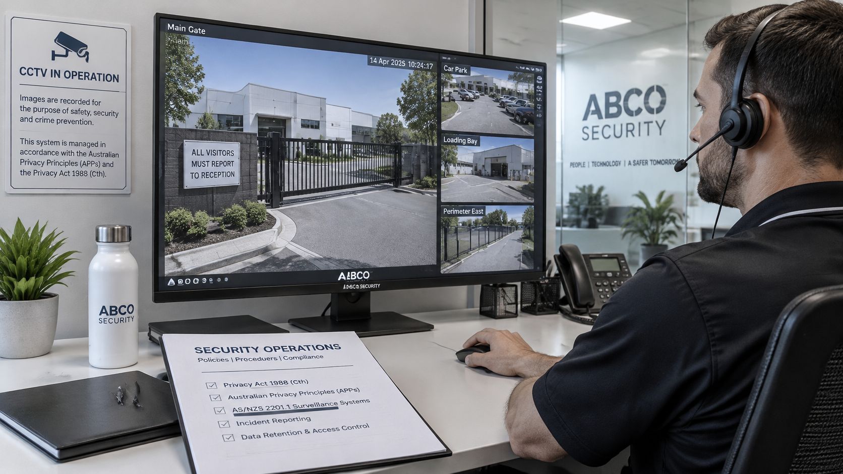 Remote Guarding Services: A Buyer Guide for 2026 10 A security operator monitors camera surveillance feeds at a control room desk with corporate branding.