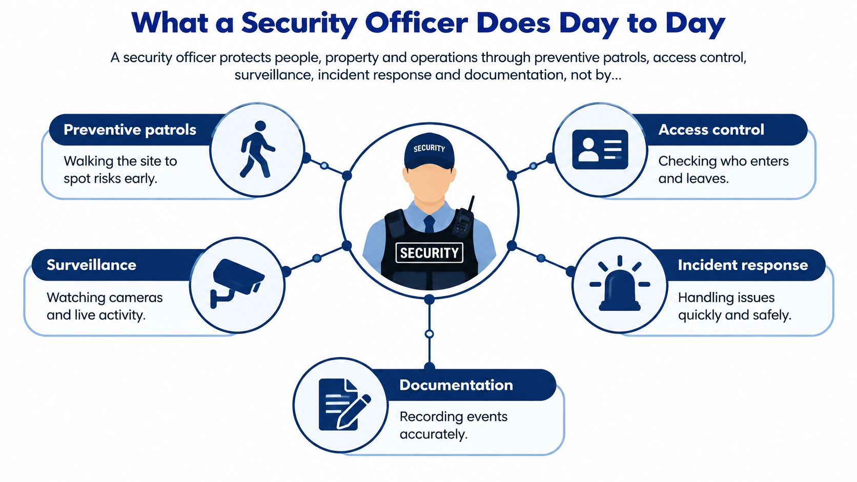 Security Officer Work Description: Duties and Licences 8 An infographic showing the five core daily responsibilities of a professional security officer at work.