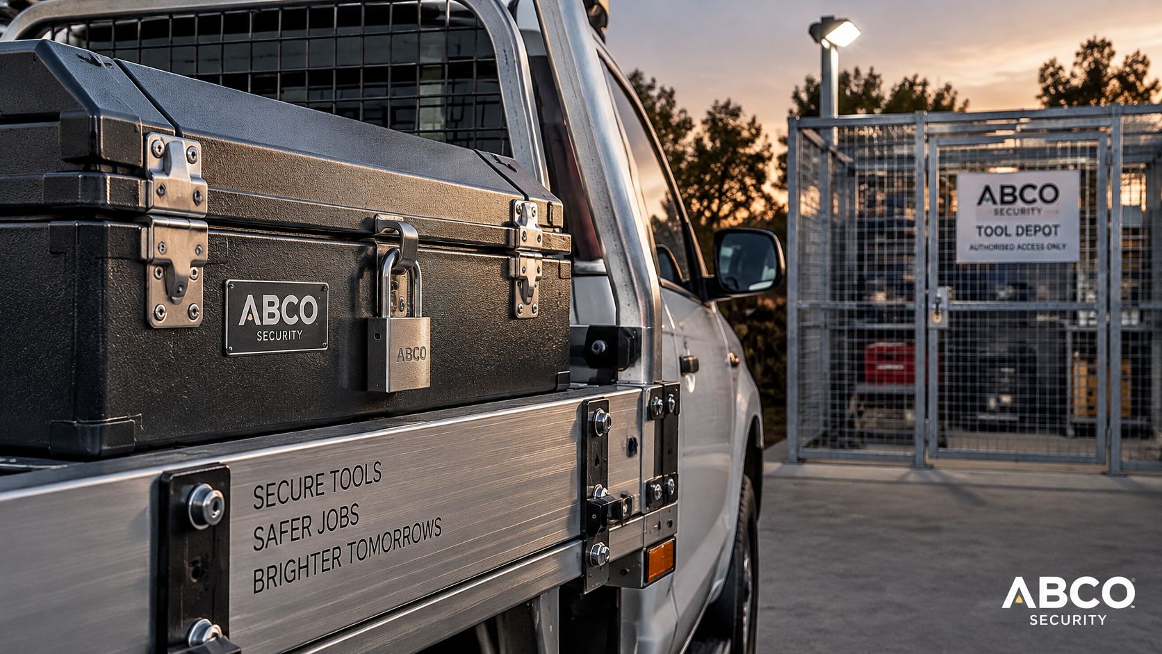 Tool Theft Prevention: A Layered Australian Guide 10 A secure metal tool box on a work truck outside an Abco Security tool depot storage cage.