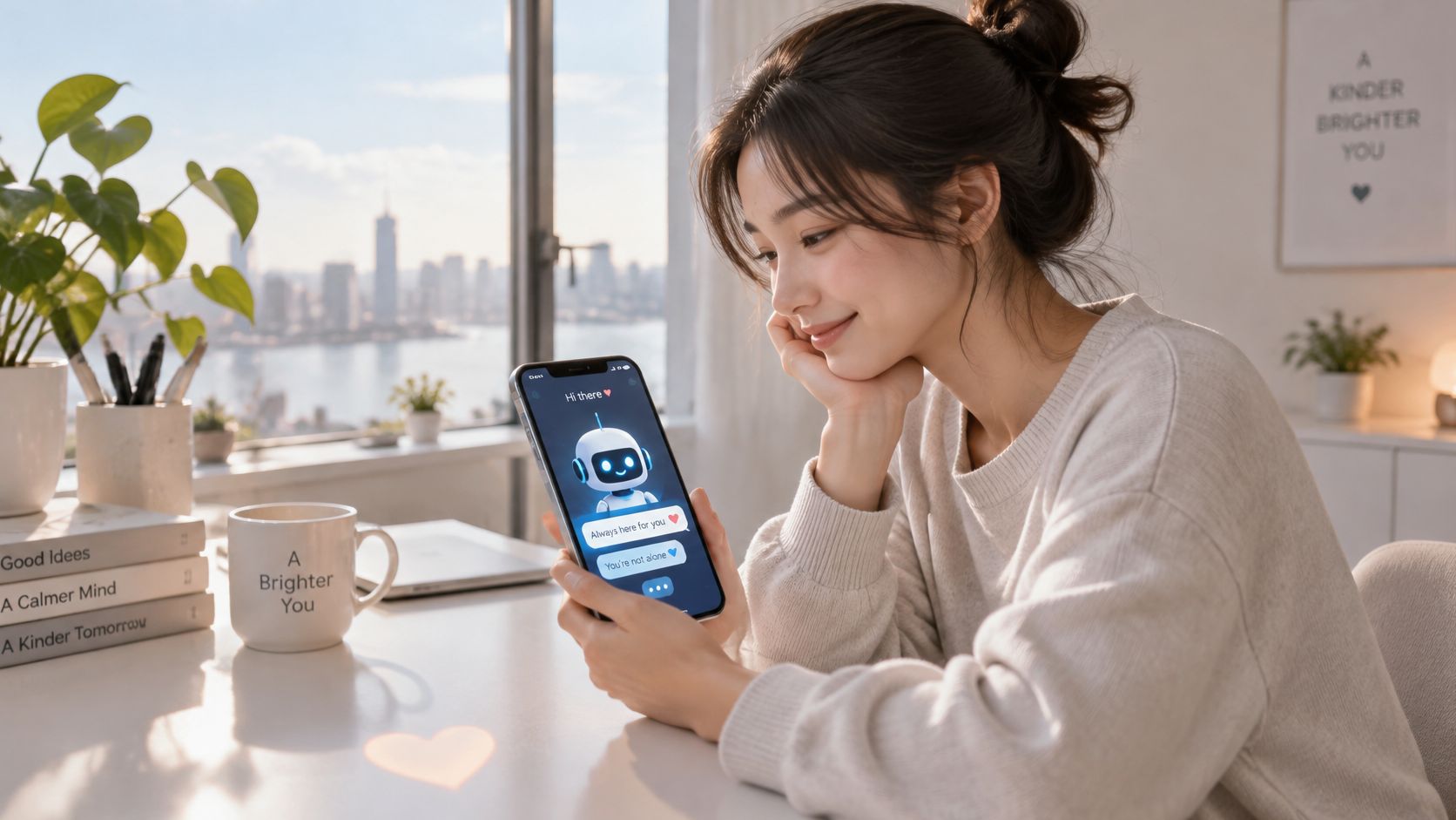 Giovane donna sorridente che guarda il suo smartphone con un'applicazione di supporto emotivo digitale sul display.