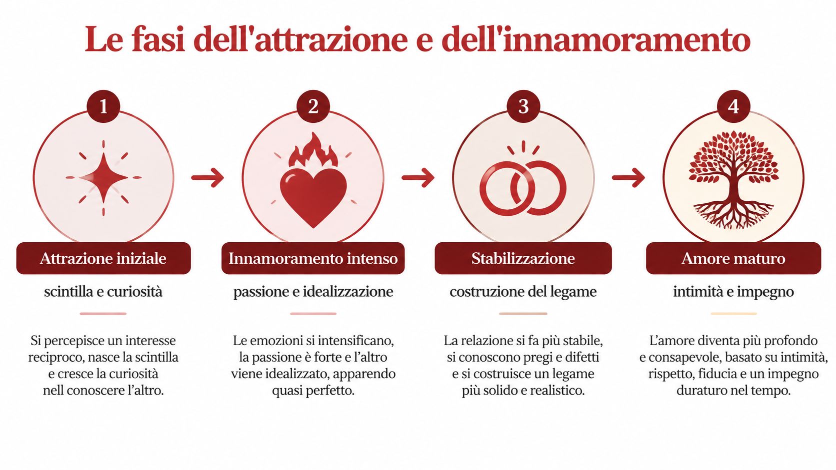 Infografica illustrata sulle quattro fasi dell'attrazione e dell'innamoramento, dall'interesse iniziale fino all'amore maturo e consapevole.