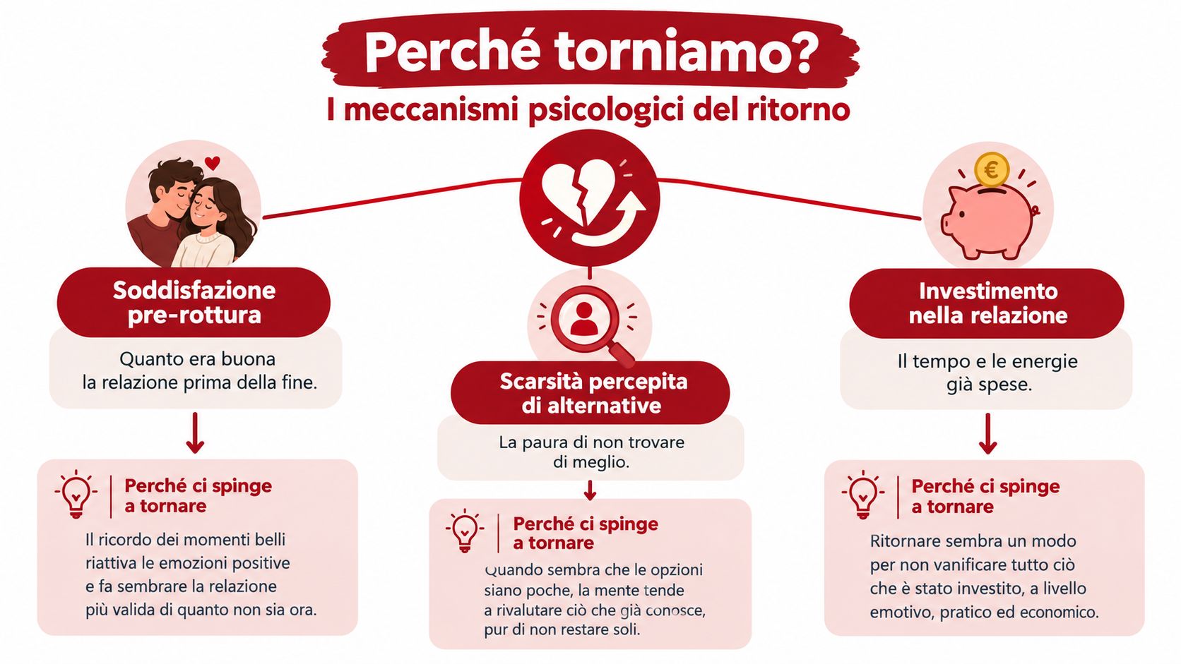 Infografica sui motivi psicologici per cui si torna insieme dopo una rottura sentimentale.
