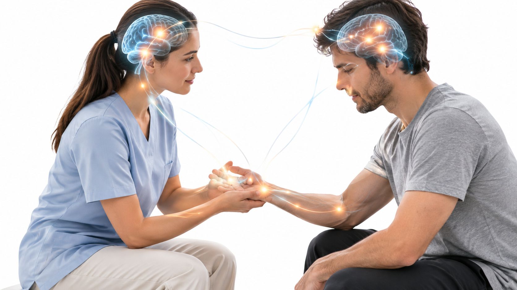 Una dottoressa tiene le mani di un paziente, illustrando il concetto di empatia e connessione tra i cervelli.